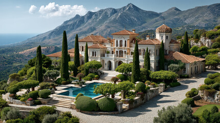 Scenic view of luxurious mediterranean house on background of mountain, rich villa or mansion by sea