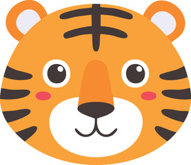 A friendly, cartoon-style tiger face with orange fur and black stripes, smiling.