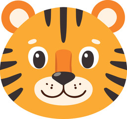 A cartoon-style illustration of a tiger's face with a friendly expression, featuring orange fur and black stripes.