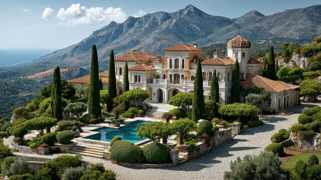 Scenic view of luxurious mediterranean house on background of mountain, rich villa or mansion by sea - Powered by Adobe