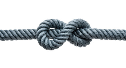 Close-up of a tightly knotted textured gray rope with interwoven strands.