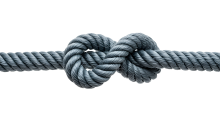 Close-up of a tightly knotted textured gray rope with interwoven strands.