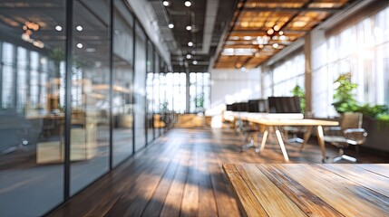 Fototapeta premium Blurred modern office interior with dark wooden floor, glass partition walls, light wooden desks, and large windows
