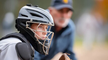 Focused catcher in dynamic baseball game with closeup action - Powered by Adobe
