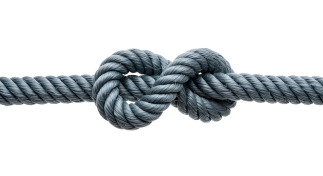 Close-up of a tightly knotted textured gray rope with interwoven strands.