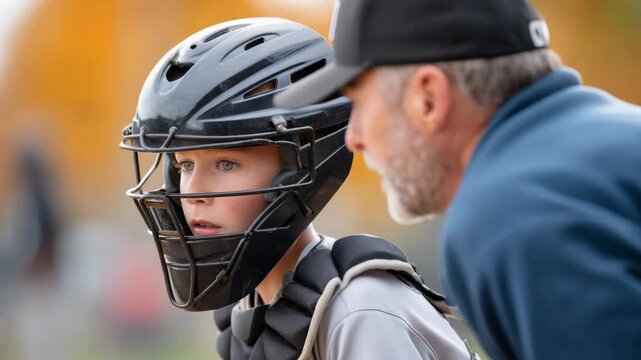 Young baseball catcher receiving coaching advice on the field