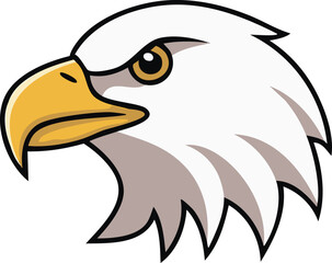 Cartoon illustration of an American bald eagle's head, profile view, bold lines and colors.