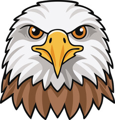 A detailed illustration of a bald eagle's head, facing forward with a stern expression.