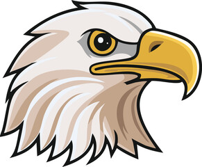 A cartoon-style illustration of an eagle head, featuring white feathers and a yellow beak and eye.