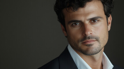 male early 30s auditor man professional business torso upper body shot. looking at the camera. warm gray background