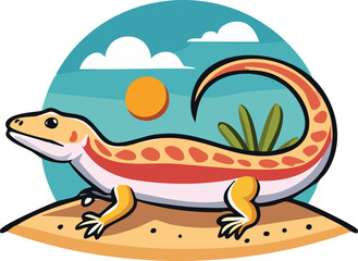 A colorful illustration of a gecko resting on sand under a bright sun.