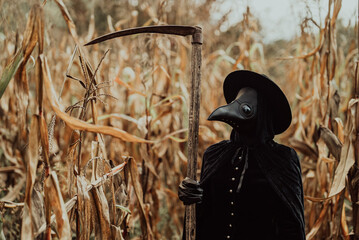 Plague doctor gothic woman with sharp scythe standing in autumn thickets of corn