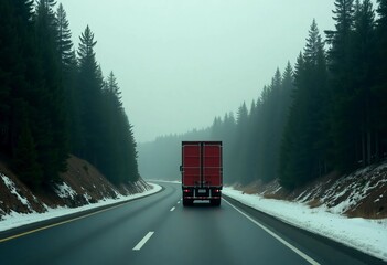 In the early morning, a truck navigates a peaceful Canadian highway shrouded in thick haze, flanked by evergreen trees and patches of snow on the road Generative AI