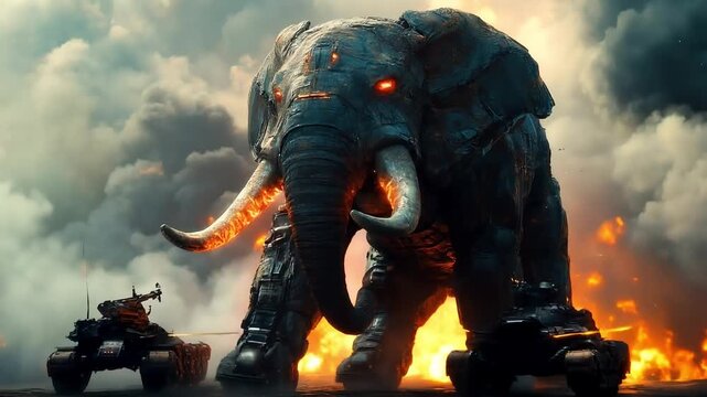 Massive, fire-breathing elephant war machine confronts tanks in a dramatic battle scene