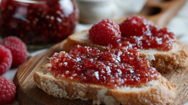 homemade cranberry jam with bread, raspberries