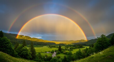 Naklejka premium Rainbow arching over a valley after rain