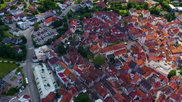 Aerial panorama view of the old town city Mosbach on a sunny summer day