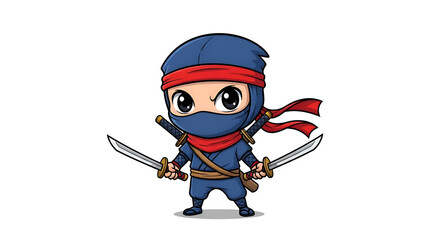 Chibi ninja with dual swords and red scarf, white background, kids comic style