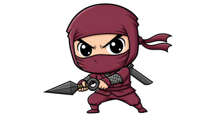 Chibi ninja in maroon suit holding a kunai, white background, kids comic style