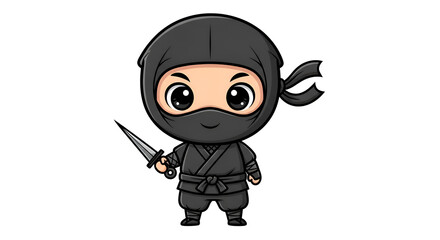 Cute chibi ninja in black suit holding a kunai, white background, kids comic style