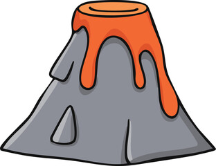 Cartoon illustration of a volcano erupting with orange lava flowing down its gray slopes.