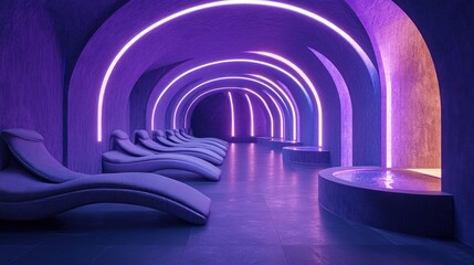 serene relaxation in a futuristic spa retreat illuminated by vibrant neon lights creating a tranquil and otherworldly ambiance with inviting chaise lounges and tranquil pools
