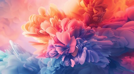 Obraz premium Abstract floral artwork featuring vibrant, swirling pastels of pink, orange, and blue, creating a dynamic, almost three-dimensional effect, reminiscent of clouds or flowers in full bloom