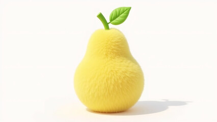 Fluffy yellow pear with green stem and leaf on a white background