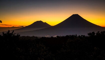 Silhouettes of Mount Merapi and Mount Muller in one composition