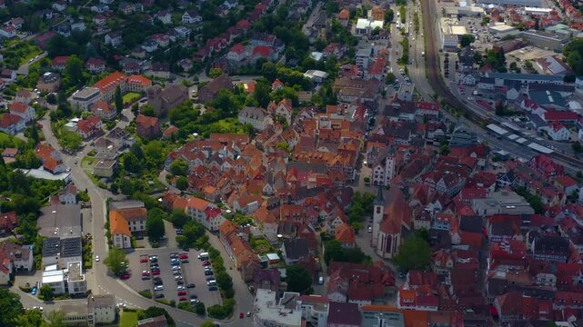 Aerial panorama view of the old town city Mosbach on a sunny summer day
