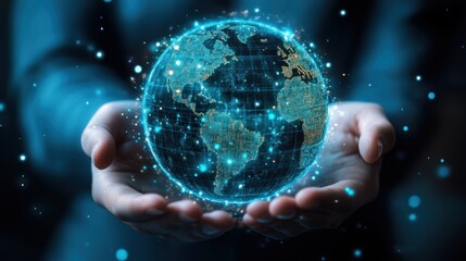 the future in your hands: a digital depiction of global technology held gently symbolizing connectivity and progress in a bright and modern world with limitless possibilities