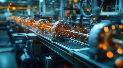 automated robotic production line delivering precision engineered automotive components with digital network overlay for modern industry process innovation and efficient manufacturing