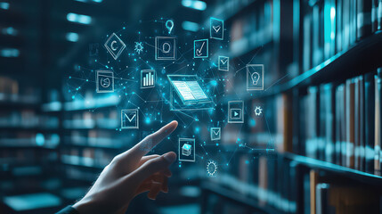 A hand interacting with digital icons overlaid on a library bookshelf background with a book hologram