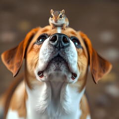 Adorable old beagle dog has found his friend the chipmunk on his head. JPEG, 4MB, 12x12in, 3600x3600px, 300p/i