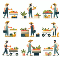 image of farmers carrying fruit to the market with a simple and minimalist flat design using a white background