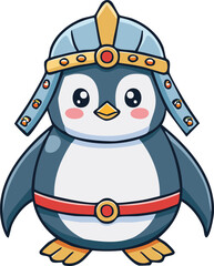 Adorable cartoon penguin wearing ancient warrior helmet and belt.