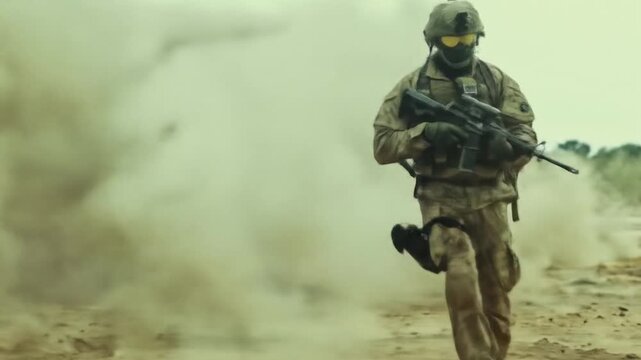 Modern soldier walking through smoky battlefield with rifle amid destruction and chaos during intense military combat operation in war zone