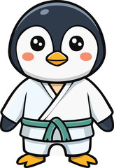 Cute cartoon penguin dressed in a white karate gi, displaying a friendly expression.