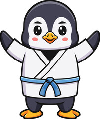 Adorable cartoon penguin in a white karate gi, arms outstretched, ready to train.