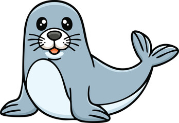 A cartoon seal with big eyes and a friendly expression rests on its belly.