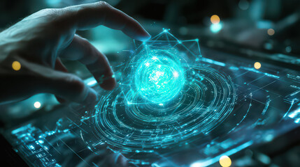 A hand interacts with a glowing blue holographic display of a complex circular interface design