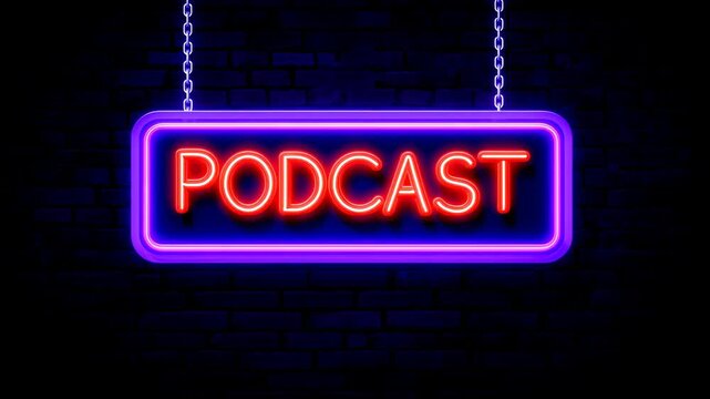 Dynamic zoom out shot of a vibrant red and purple "Podcast" neon sign animating on a dark brick wall