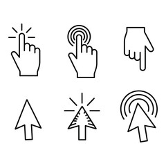 Vector art of a collection of six black outline icons representing different cursor and pointer styles for digital interaction