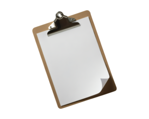 Empty clipboard with blank white paper and metal clip, ready for notes and messages