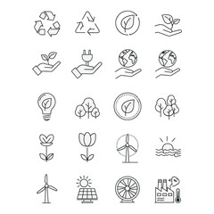 Vector art of a collection of ecofriendly icons representing nature, sustainability, and renewable energy sources