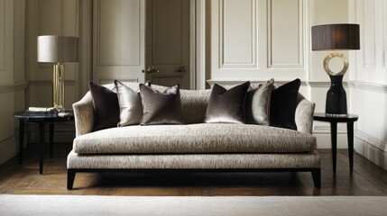 A contemporary sofa with textured neutral-toned cushions in an elegant living space.
