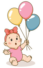 Illustration of a Cute Baby Girl Holding Bunch of Balloons