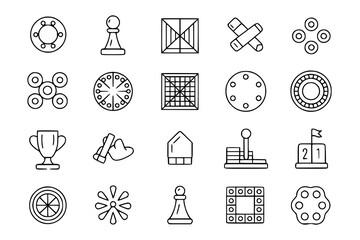 Game Icons: A Collection of 20 Line Art Game Icons, featuring various game elements,  in a simple black and white style, perfect for game design or app interfaces.