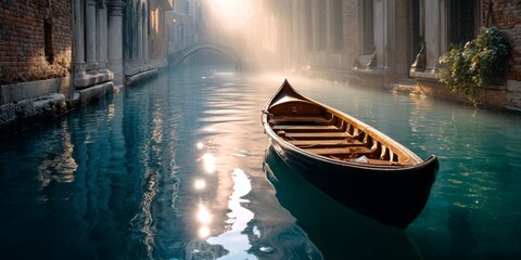 Empty gondola floating on grand canal during sunrise in venice