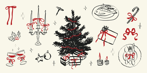 Whimsical chalk doodles of Christmas party. Quirky icons of breakfast and dinner meals in crayon style. Crayon drawing for menus and invitations. Handwriting vector illustration